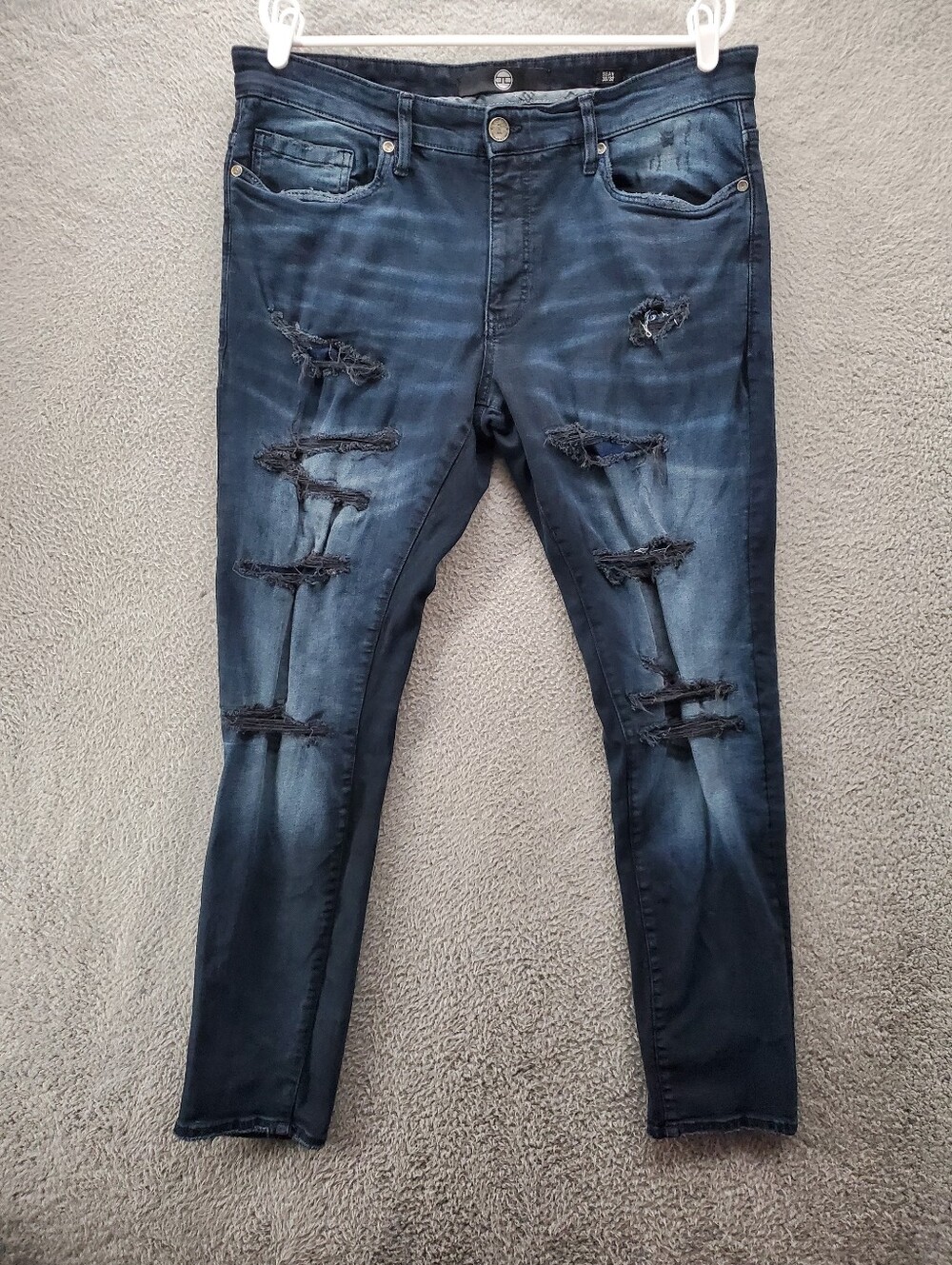 Jordan Craig Sean Jeans Mens 38x32 Slim Taper Distressed Dark Wash Blue